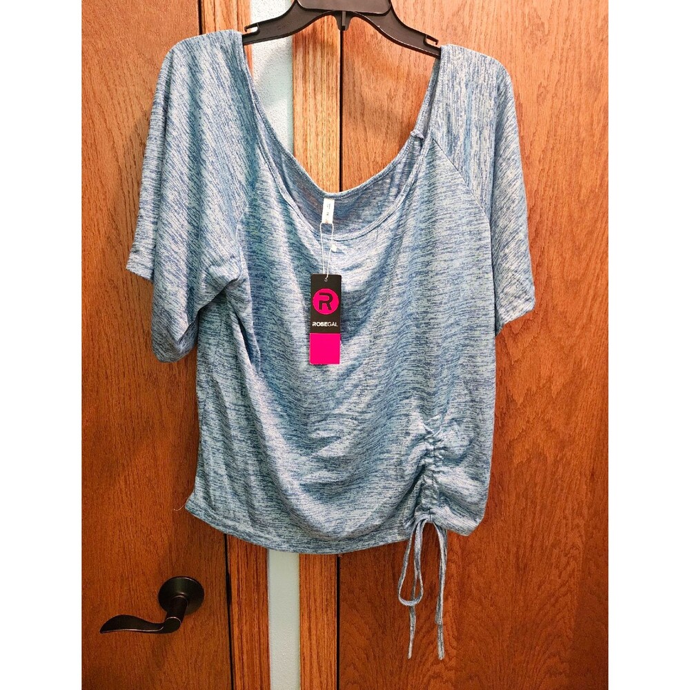 ROSEGAL Blue Knit Scoop Neck Short Sleeve Drawstring Pullover Top Size 1X NWT